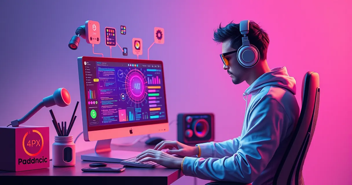 A futuristic graphic designer surrounded by multiple screens and a futuristic GUI, intensely focused on a 3D geometric composition with AI-generated design elements at work in the background.