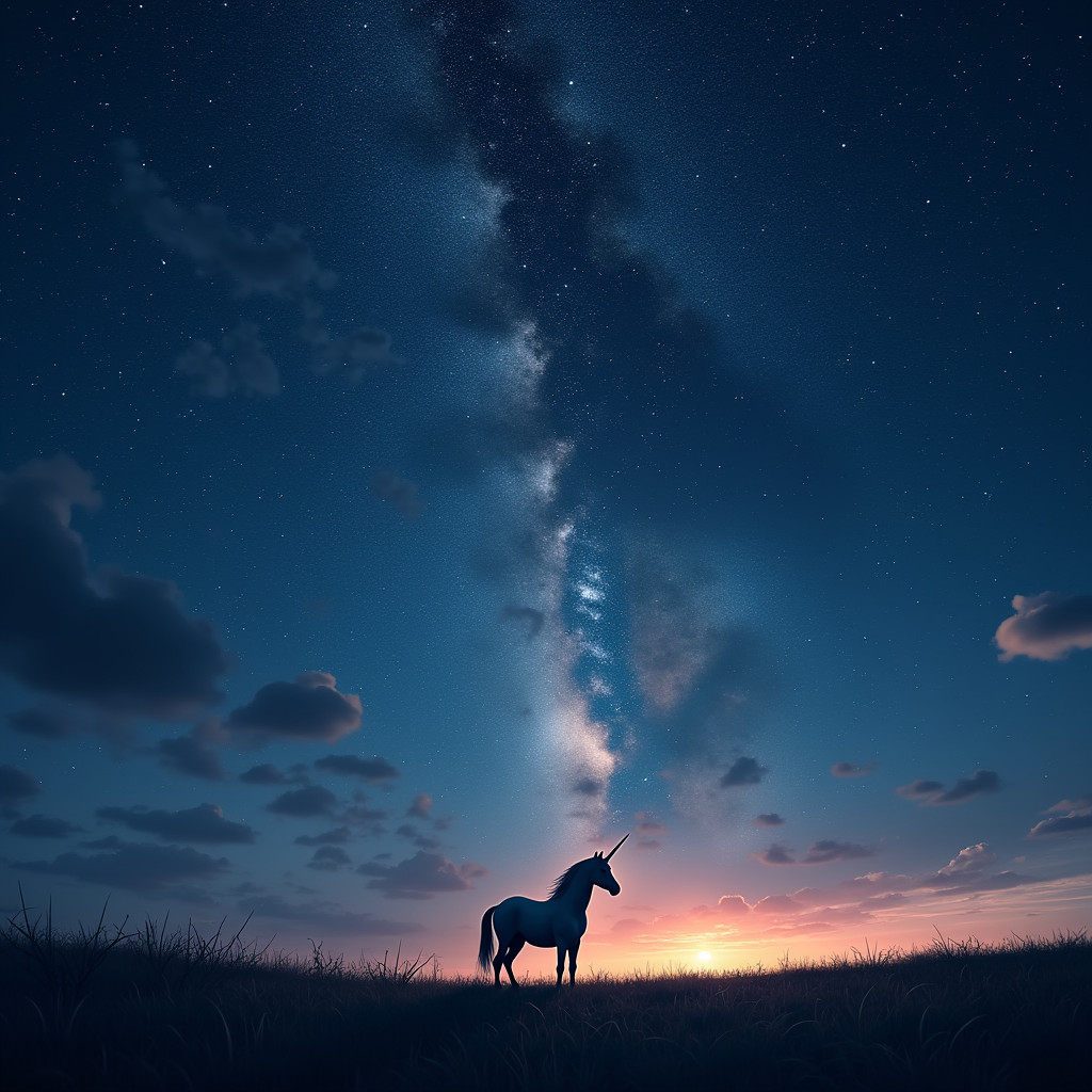 Realistic starry night, unicorn on the horizon