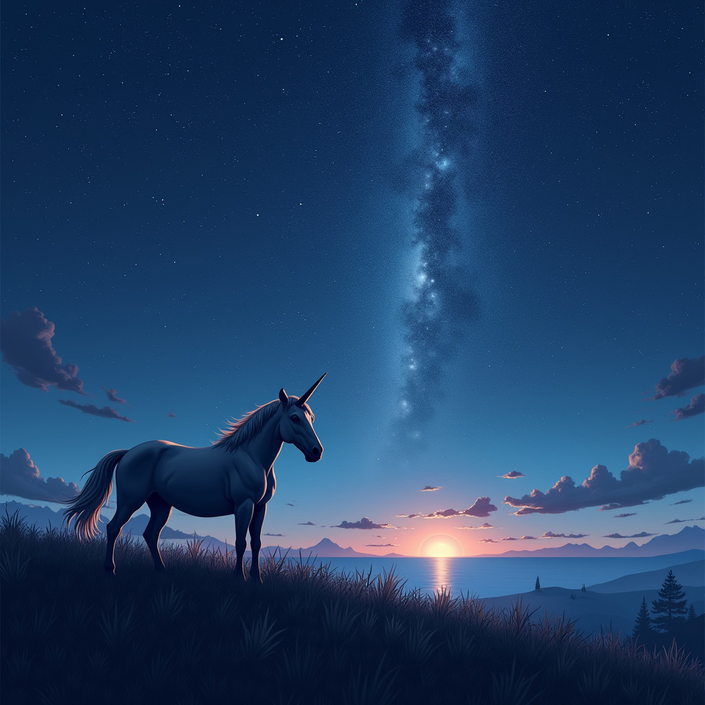 Realistic starry night, unicorn on the horizon