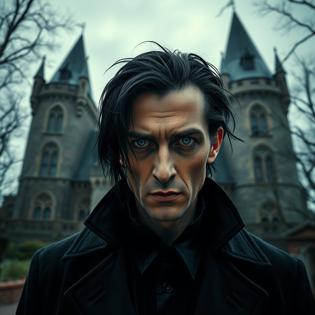 man with black hair and a black coat in front of a castle,